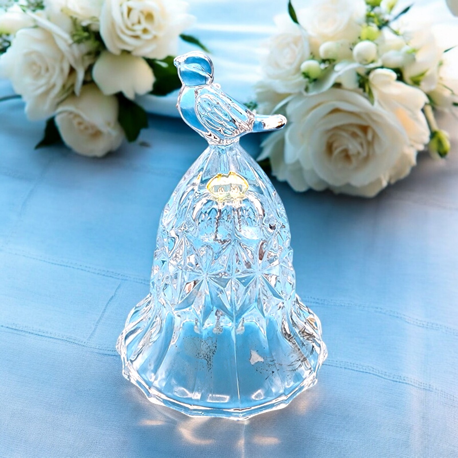 Elegant Pressed Lead Glass Vintage Crystal Bell with Bird Topper Wedding Gift Elegant Pressed Lead Glass Vintage Crystal Bell with Bird Topper Wedding Gift
