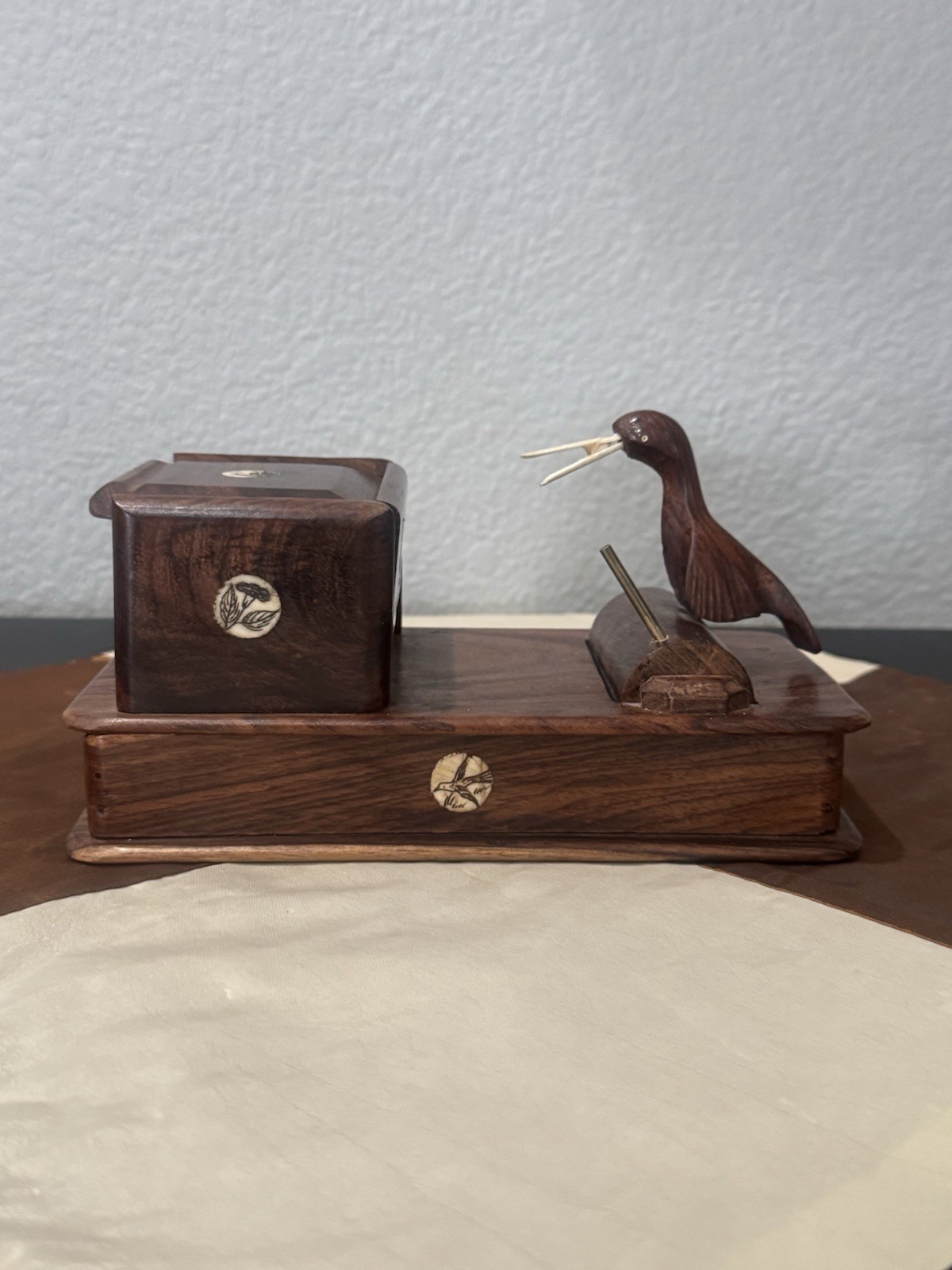 Mid-20th Century Hand Carved Mechanical Wood Bird Cigarette Dispenser With Inlay