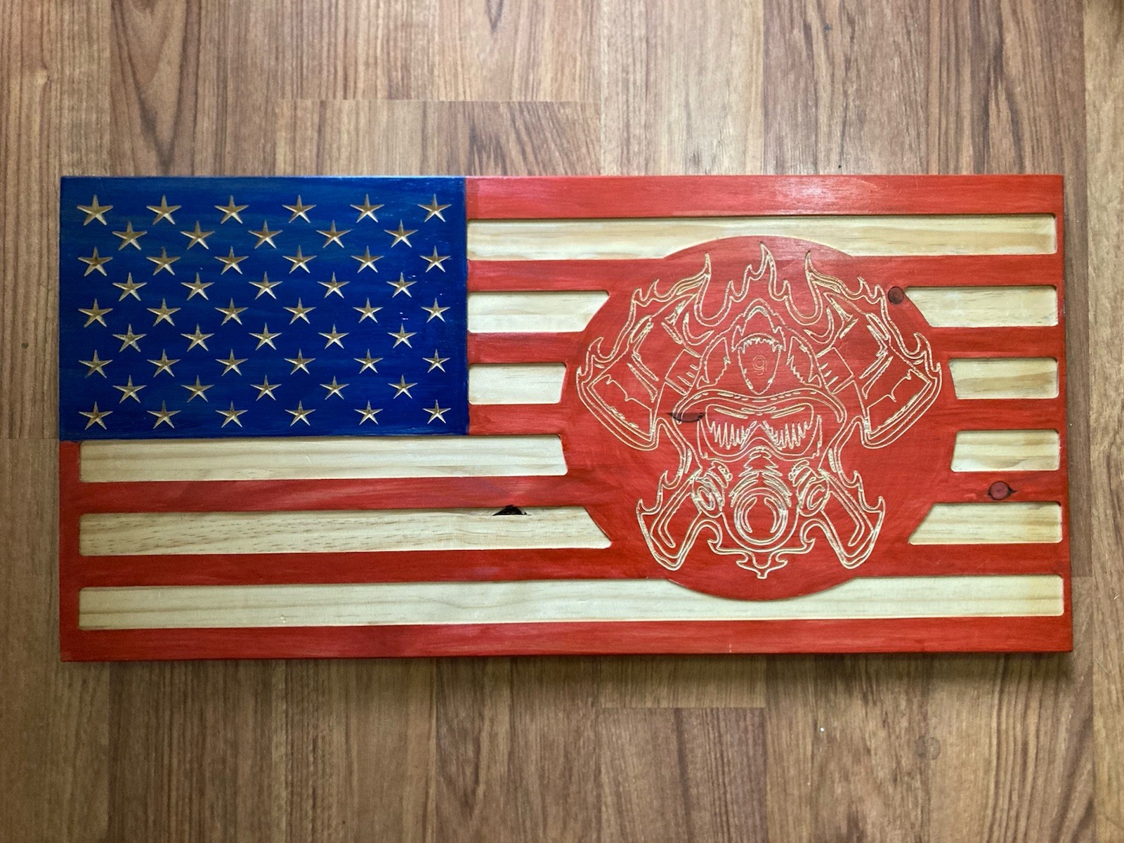 America 250 Firefighter Tribute Carved Wooden  American Flag 24” X 12”