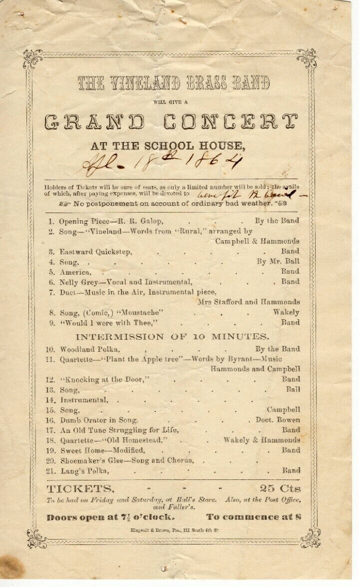 RARE 1864 The Vineland Brass Band Grand Concert Program Vineland, New Jersey RARE 1864 The Vineland Brass Band Grand Concert Program Vineland, New Jersey