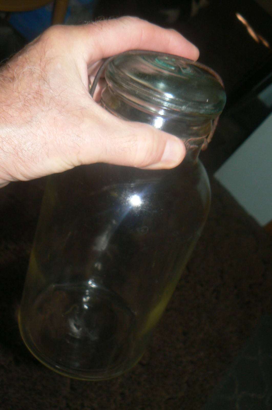 RARE 1910 Atlas Hazel Clear Glass Half Gallon Canning Jar T OVER F ON BOTTOM JAR