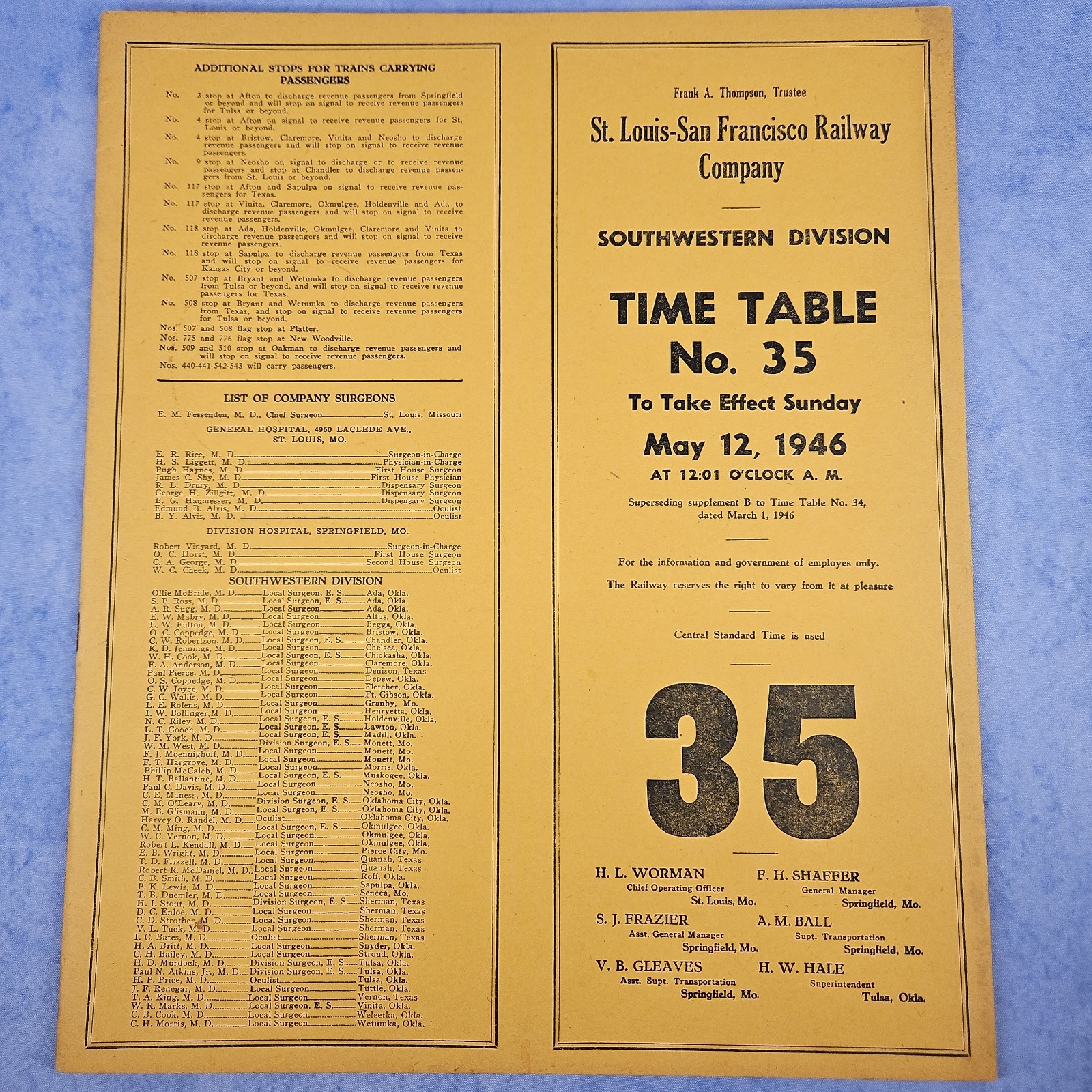 1946 St Louis San Francisco Railway Co Employee Timetable 35 SW Division