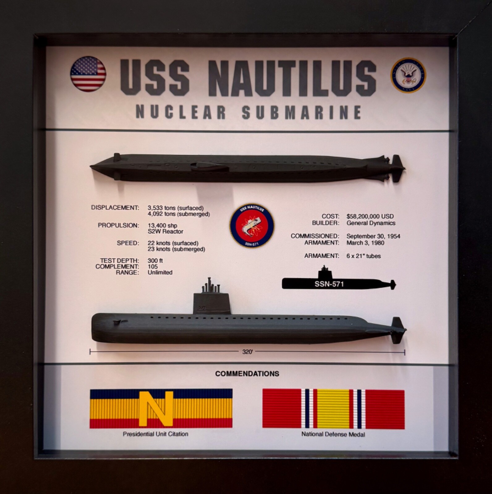 USS Nautilus Submarine Memorial Display, SSN-571, Shadow Box, 9 USS Nautilus Submarine Memorial Display, SSN-571, Shadow Box, 9
