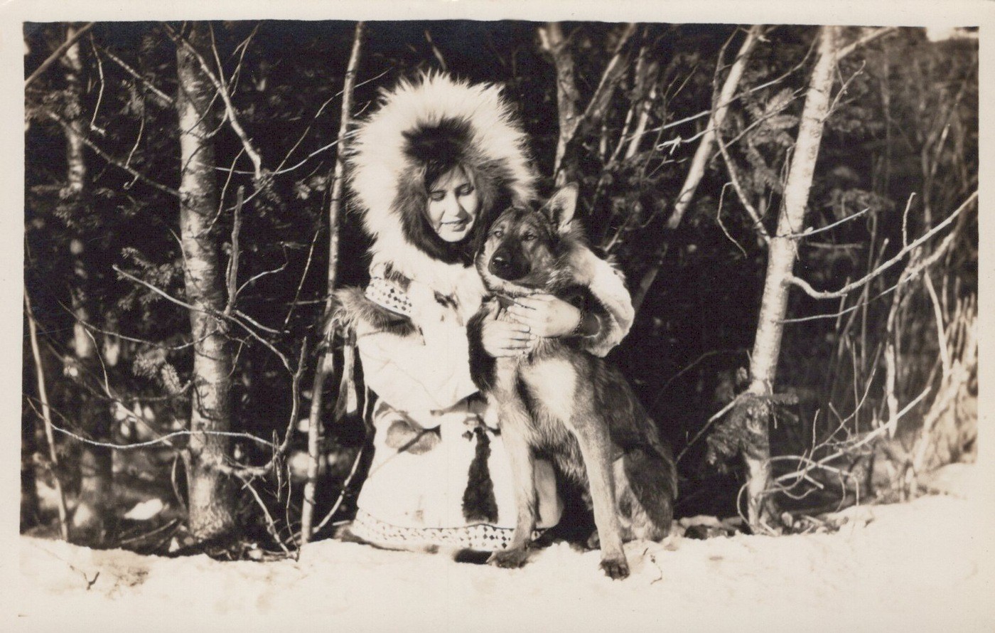 Eskimo Woman Parka Husky Dog Alaska Snow Birch 1920s - RPPC Photo Postcard