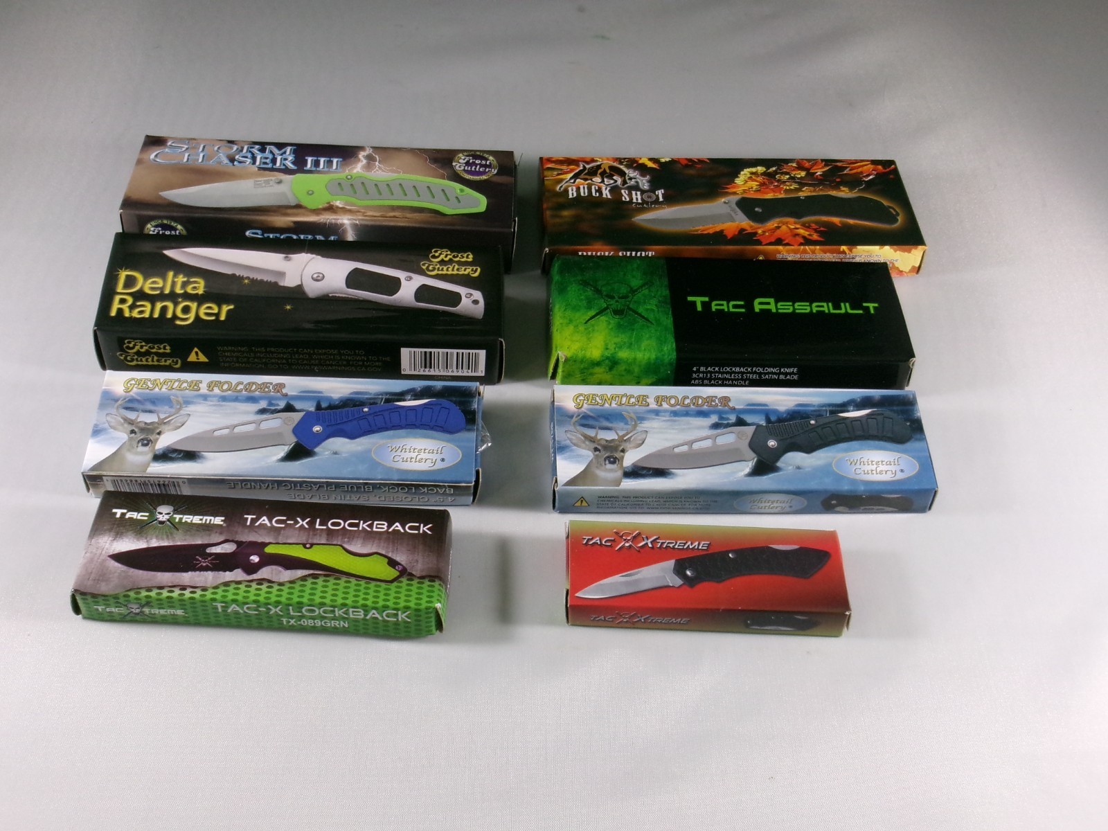 FROST CUTLERY FOLDING KNIFE LOT (8) NIB - CRISP ACTIONS, STAINLESS STEEL BLADES FROST CUTLERY FOLDING KNIFE LOT (8) NIB - CRISP ACTIONS, STAINLESS STEEL BLADES