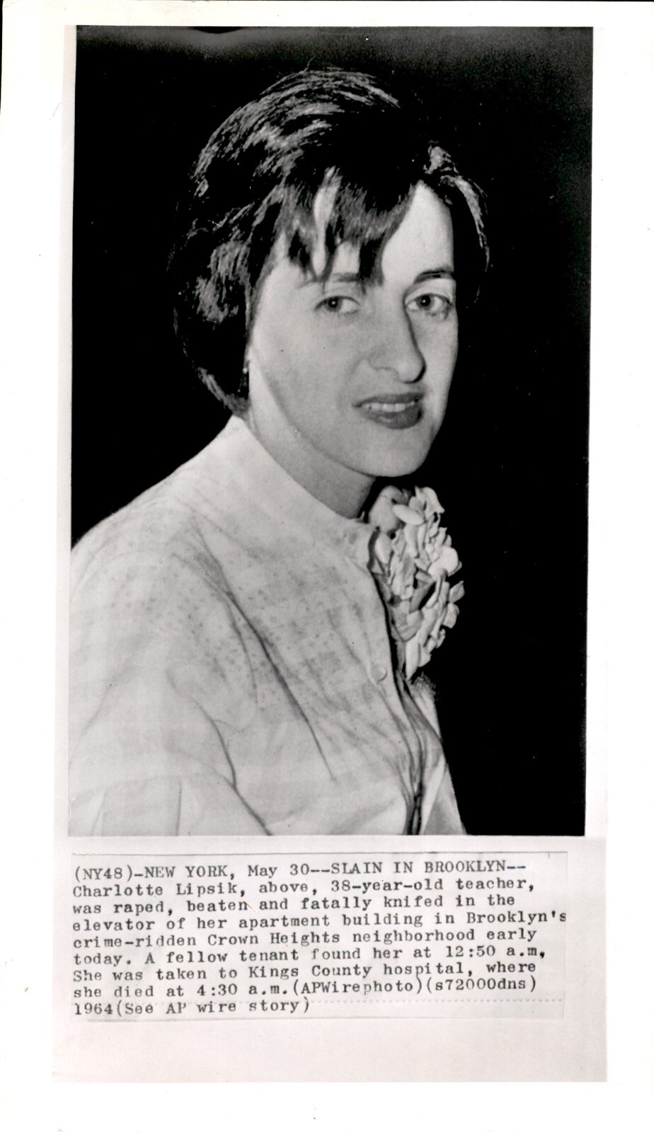 LD355 1964 AP Wire Photo SCHOOL TEACHER SLAIN IN BROOKLYN CROWN HEIGHT CRIME NY LD355 1964 AP Wire Photo SCHOOL TEACHER SLAIN IN BROOKLYN CROWN HEIGHT CRIME NY