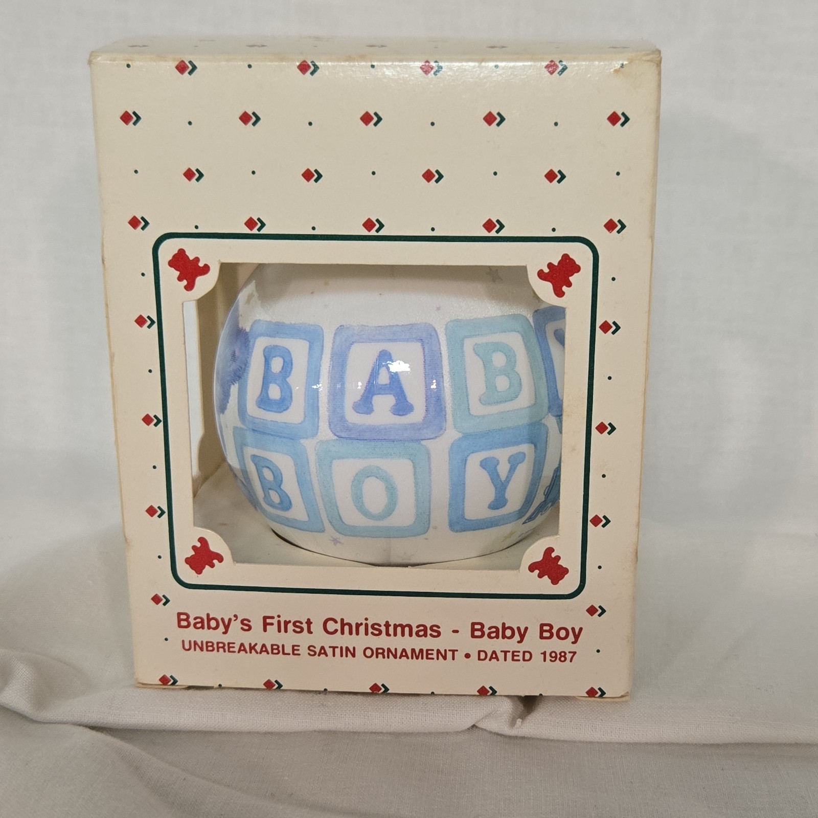 Vintage Baby\'s First Christmas 1987 Baby Boy Hallmark Keepsake Satin Ornament