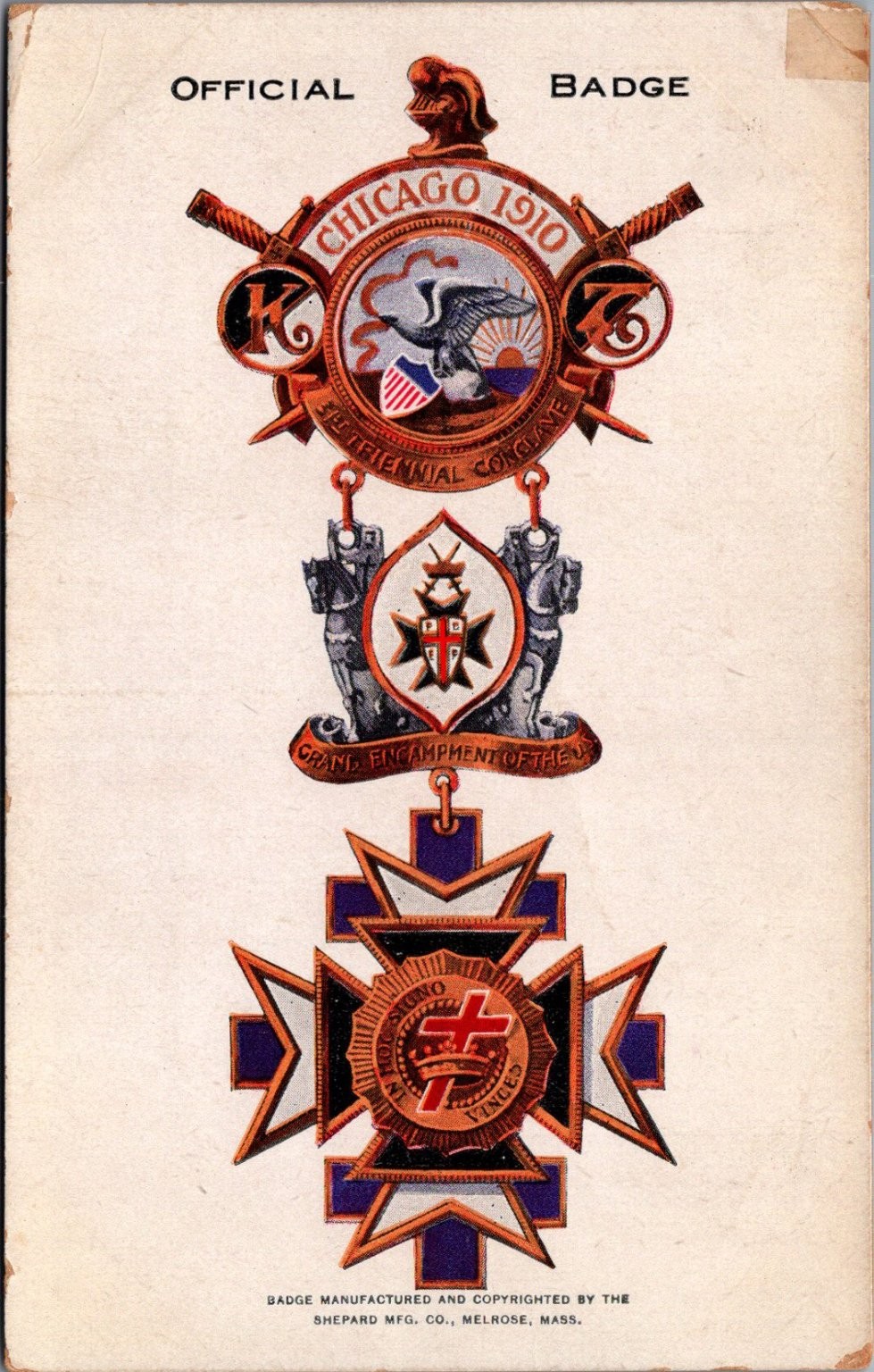 Chicago 1910 Triennial Conclave Official Badge Knights Templar Postcard Chicago 1910 Triennial Conclave Official Badge Knights Templar Postcard