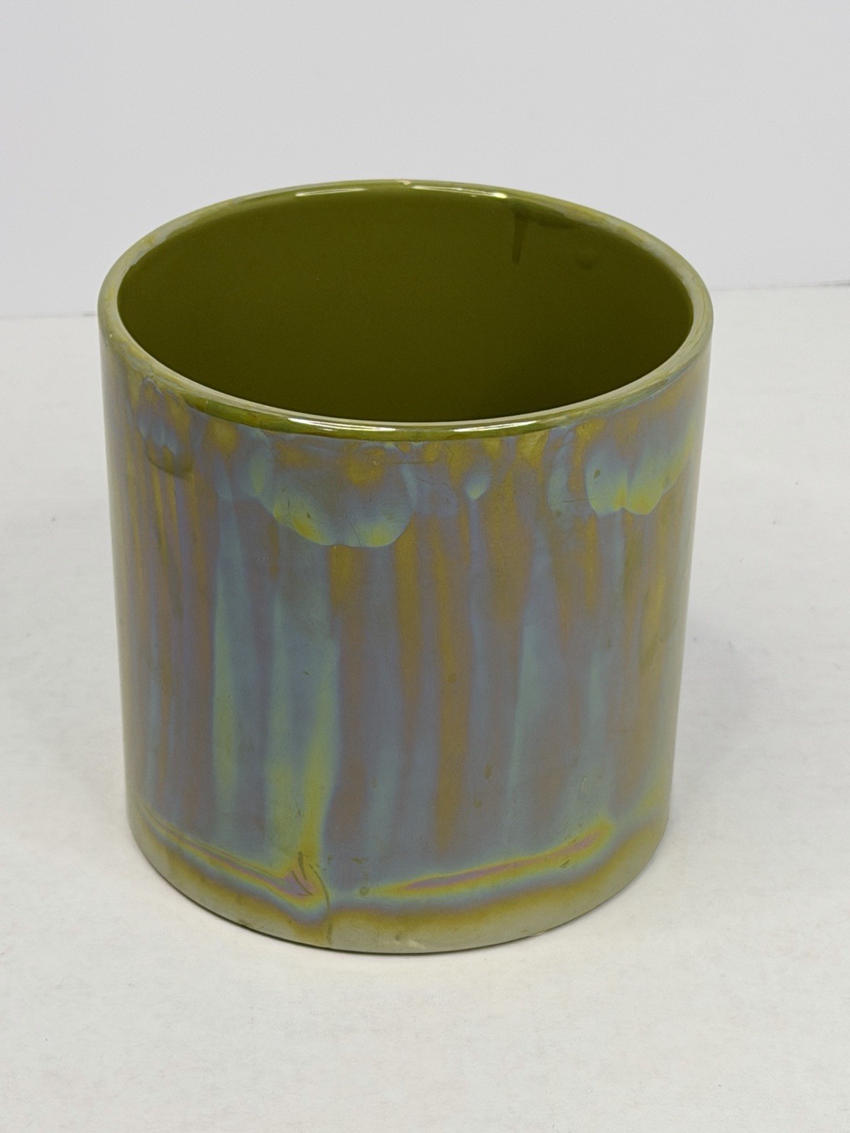 Vtg Chinese 5” Iridescent Drip Glaze Ceramic MCM Pot Planter Blue Green Olive