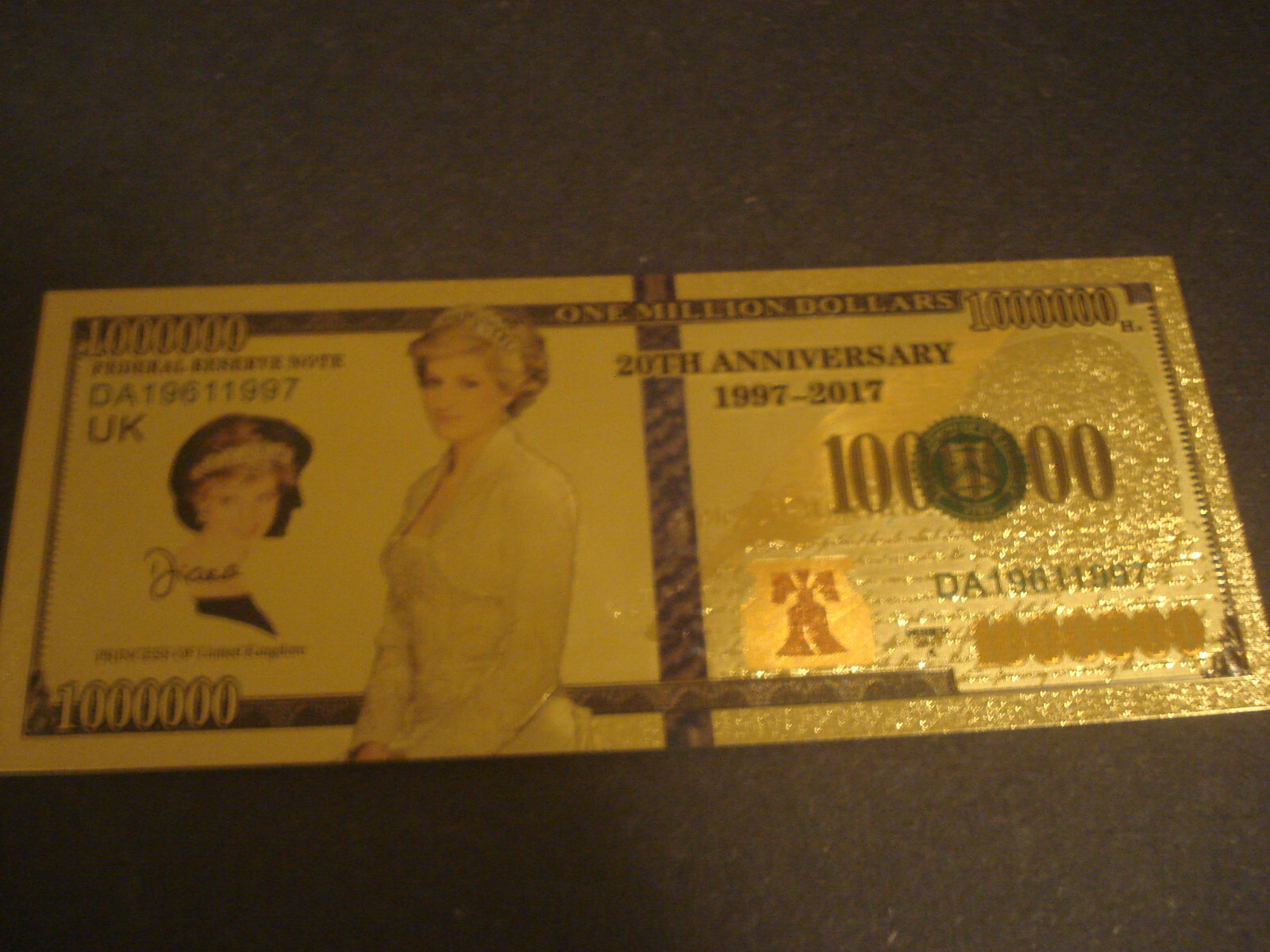 $1 Million Dollar Princess Diana Gold  Foil Banknote