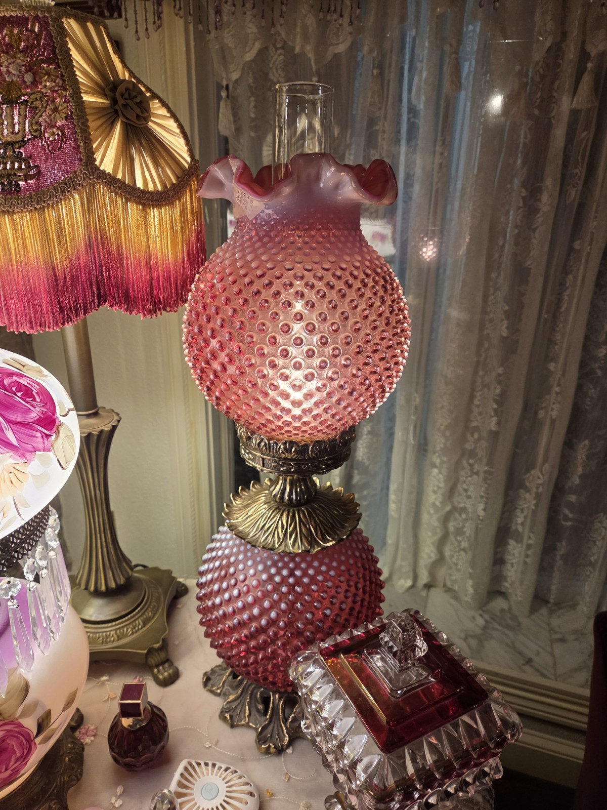 Vintage Fenton Pink Cranberry Opalescent Hobnail Gone With Wind Pillar Lamp