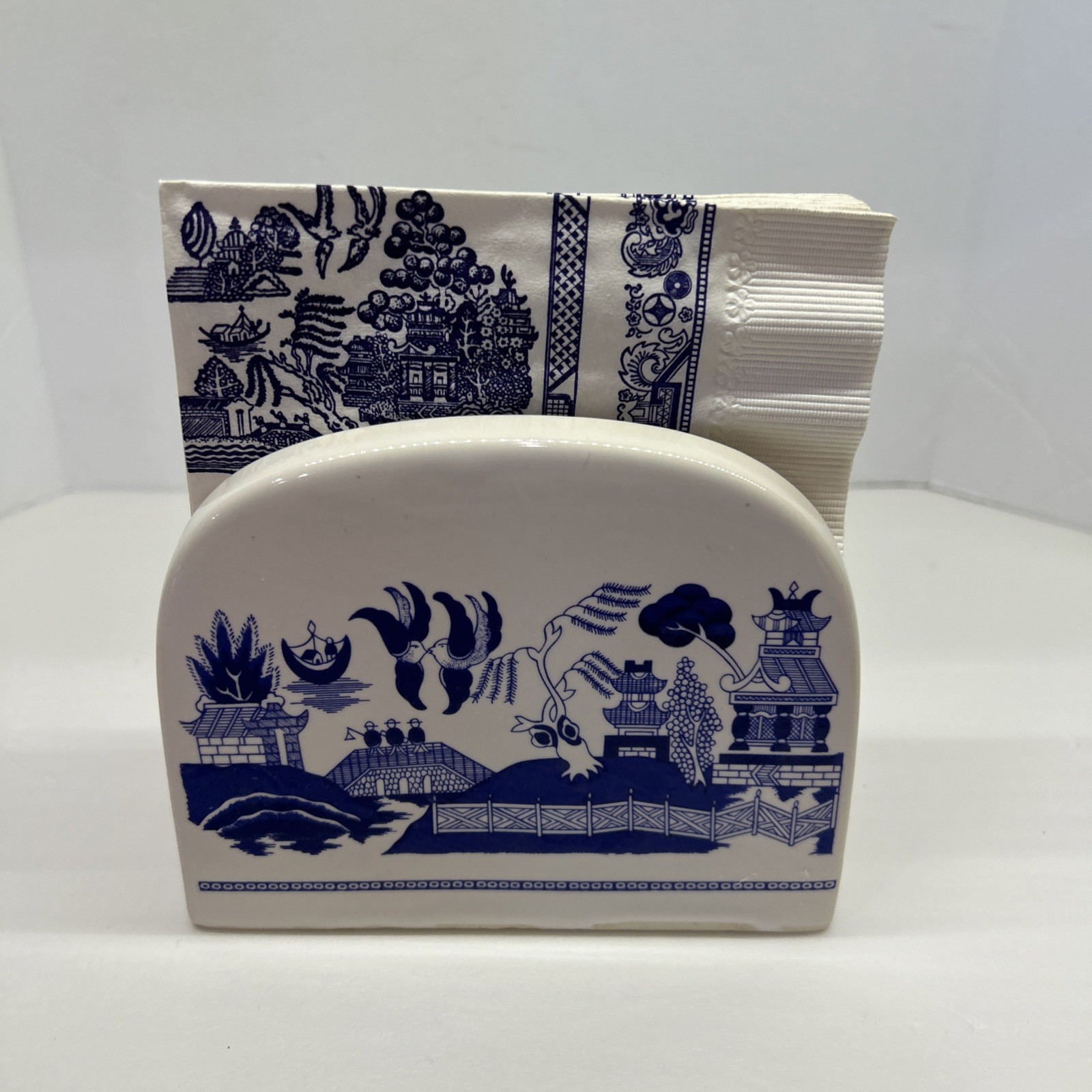 Churchill Blue Willow Ceramic Napkin Holder White & Blue Hand Painted RARE VTG Churchill Blue Willow Ceramic Napkin Holder White & Blue Hand Painted RARE VTG