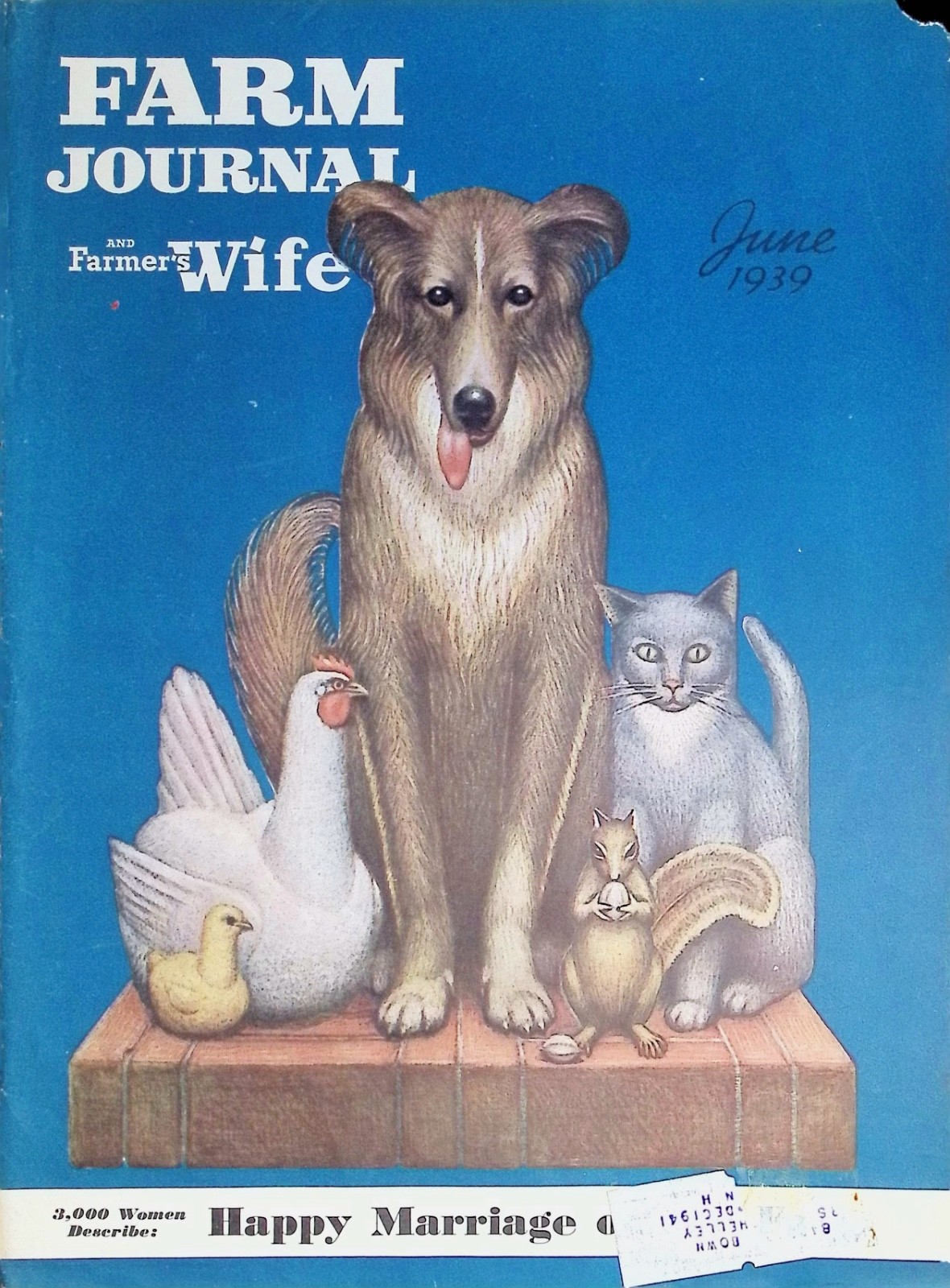 Original 1939 Farm Journal Cover Only: Collie Dog Cat Squirrel Chicken Farm Pets