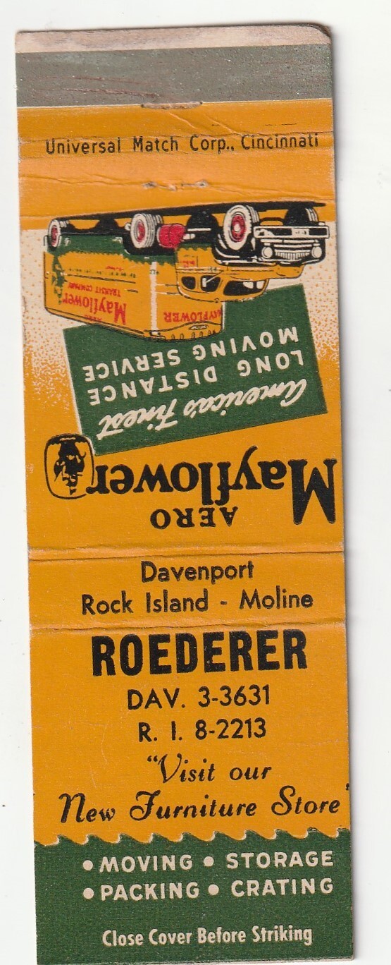 MATCHBOOK COVER - ROEDERER - DAVENPORT ROCK ISLAND MOLINE - MAYFLOWER TRUCKING