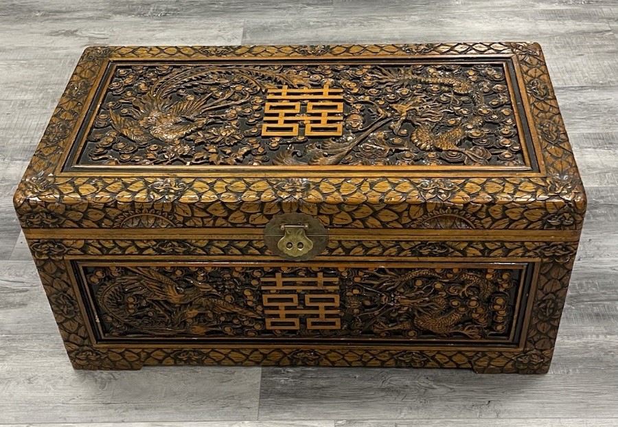 Vintage Chinese Carved Wooden Wedding Chest Dragon Phoenix Double Happiness