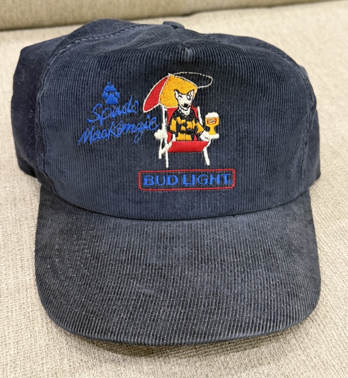 Vintage Spuds Mackenzie Bud Light Made In USA Snapback Corduroy Hat Blue Beer