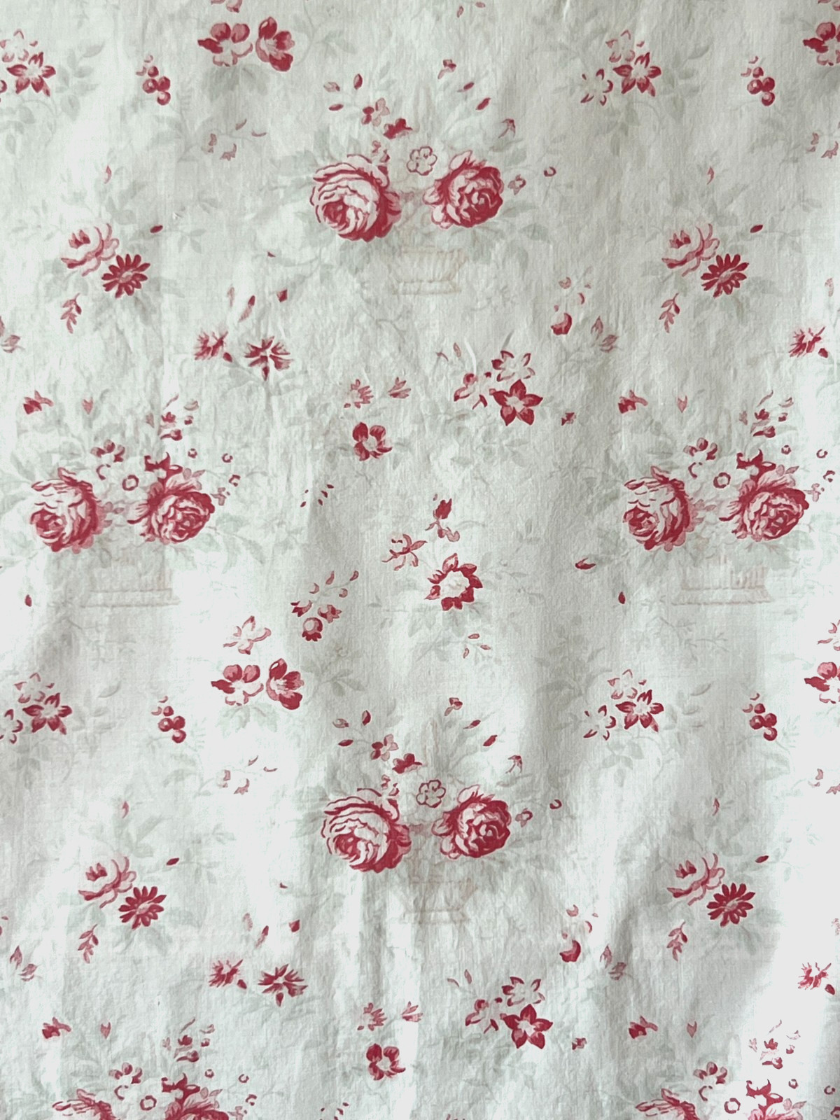 Antique French Faded Floral Fabric Pink Red Roses Flowers Cotton Antique French Faded Floral Fabric Pink Red Roses Flowers Cotton