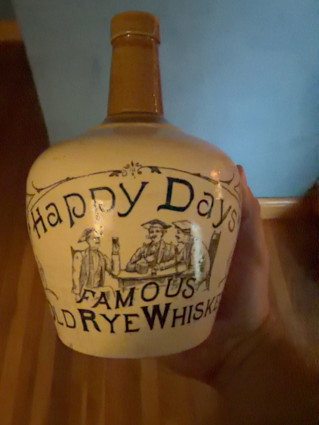 Antique Happy Days Famous Old Rye Whiskey Stoneware Jug Flagon 1900s Antique Happy Days Famous Old Rye Whiskey Stoneware Jug Flagon 1900s
