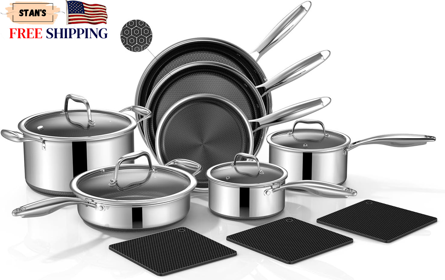14-Piece Hybrid Stainless Steel Cookware Set Pots and Pans Set with 3 Silicone T 14-Piece Hybrid Stainless Steel Cookware Set Pots and Pans Set with 3 Silicone T