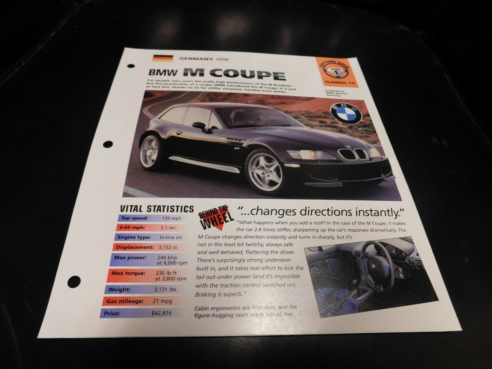 1998 BMW M Coupe Spec Sheet Brochure Photo Poster 1998 BMW M Coupe Spec Sheet Brochure Photo Poster