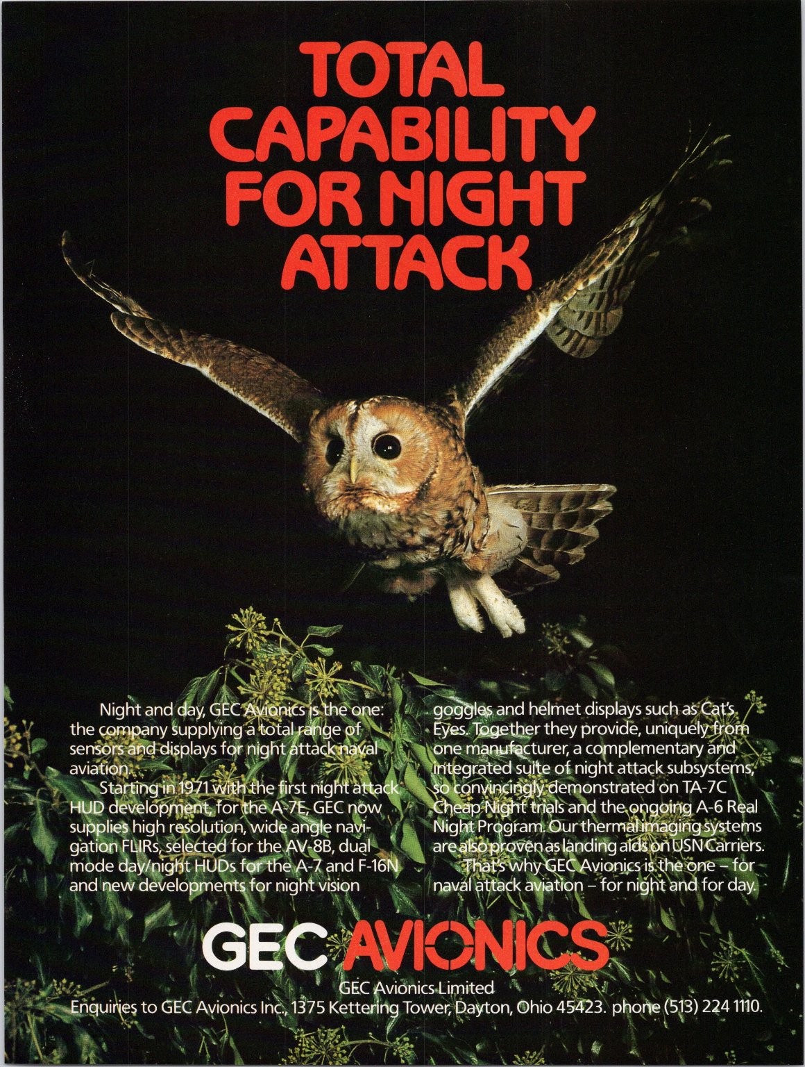 GEC Avionics Vintage Magazine Ad Owl Night Attack Aviation 1987