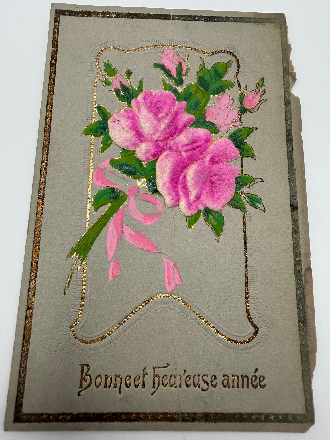 Vintage French New Year Postcard Pink Roses Embossed Gilt Art Nouveau Era Vintage French New Year Postcard Pink Roses Embossed Gilt Art Nouveau Era