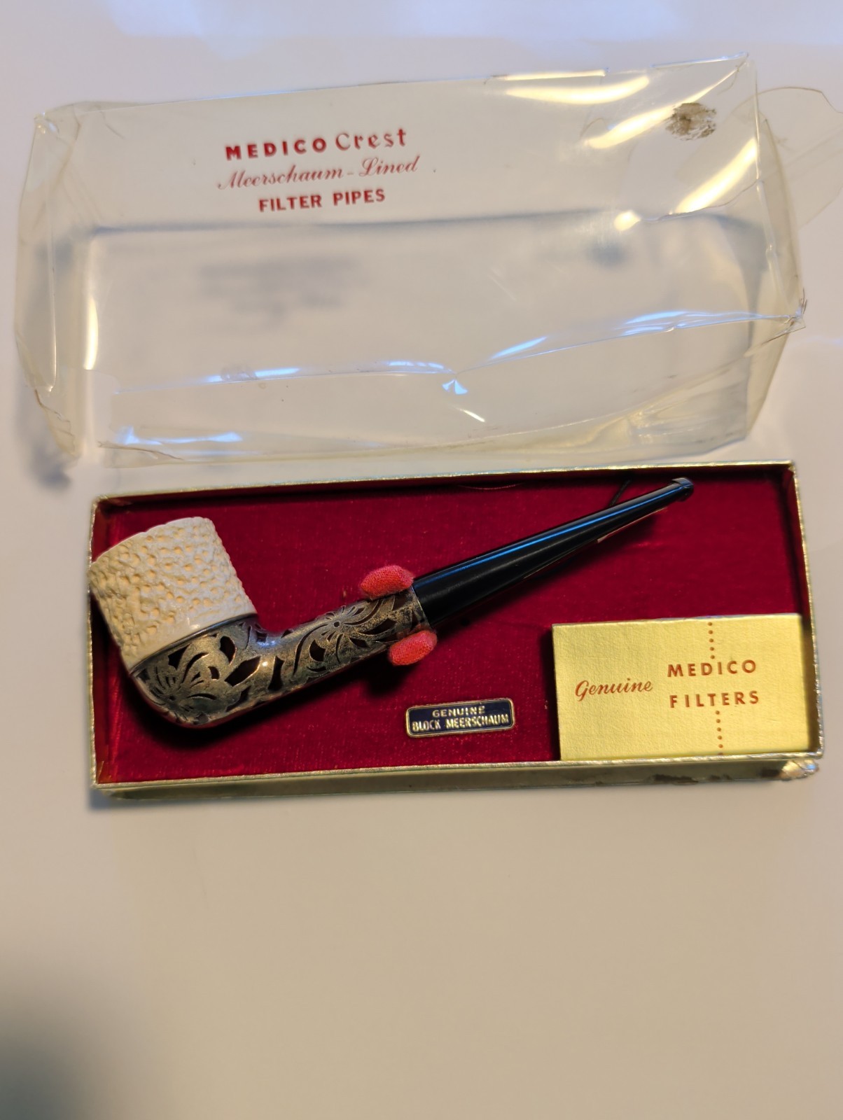 VINTAGE MEERSCHAUM LATTICE BLOCK PIPE WITH SILVER PLATED DESIGN 