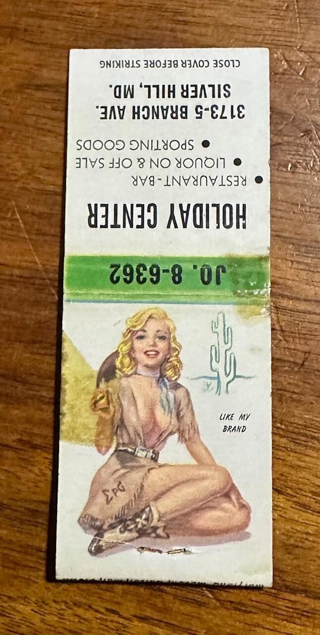 Vintage 1950s Empty Holiday Center MD Cheesecake Girl Advertising Match Cover