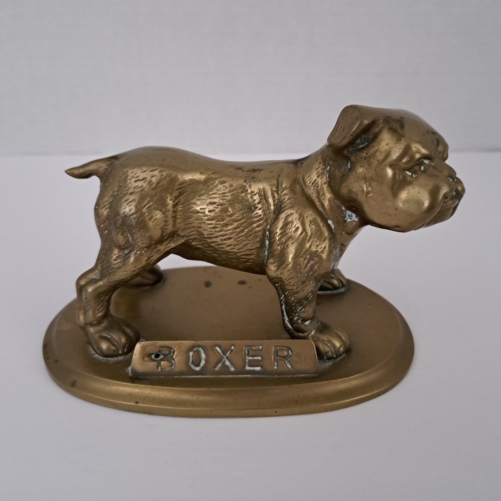 Vtg Brass Cast Metal Boxer Dog Figurine Breed Name Mounted Base Stand 5.5\