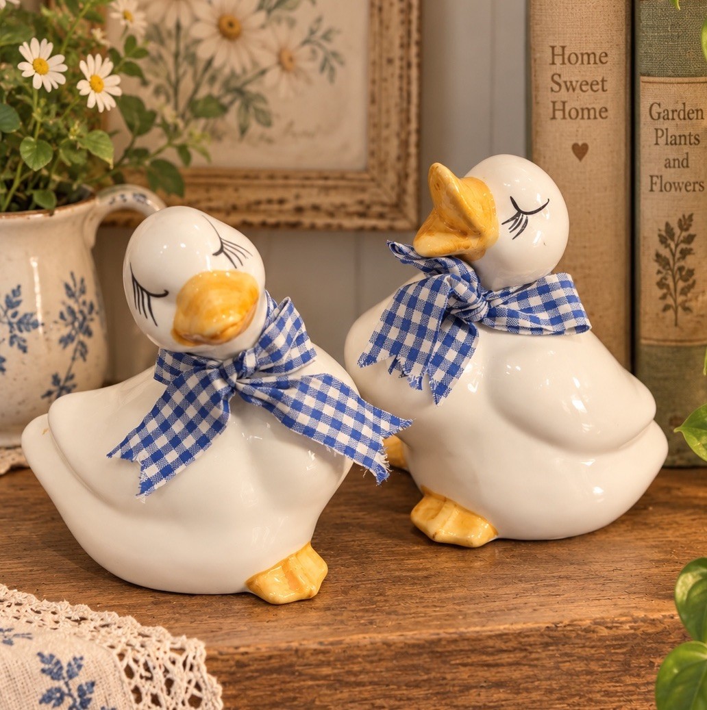 Pair 6” Vintage Taiwan Artmark Ceramic Geese Ducks With Blue Ribbon Cottagecore