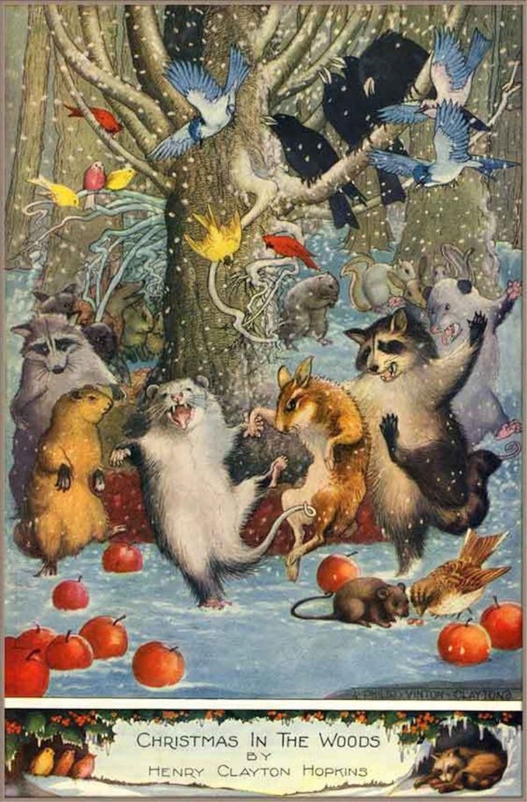 Christmas in the Woods Postcard - Raccoon, Possum, Birds, Squirrel, Snow 1917 Christmas in the Woods Postcard - Raccoon, Possum, Birds, Squirrel, Snow 1917