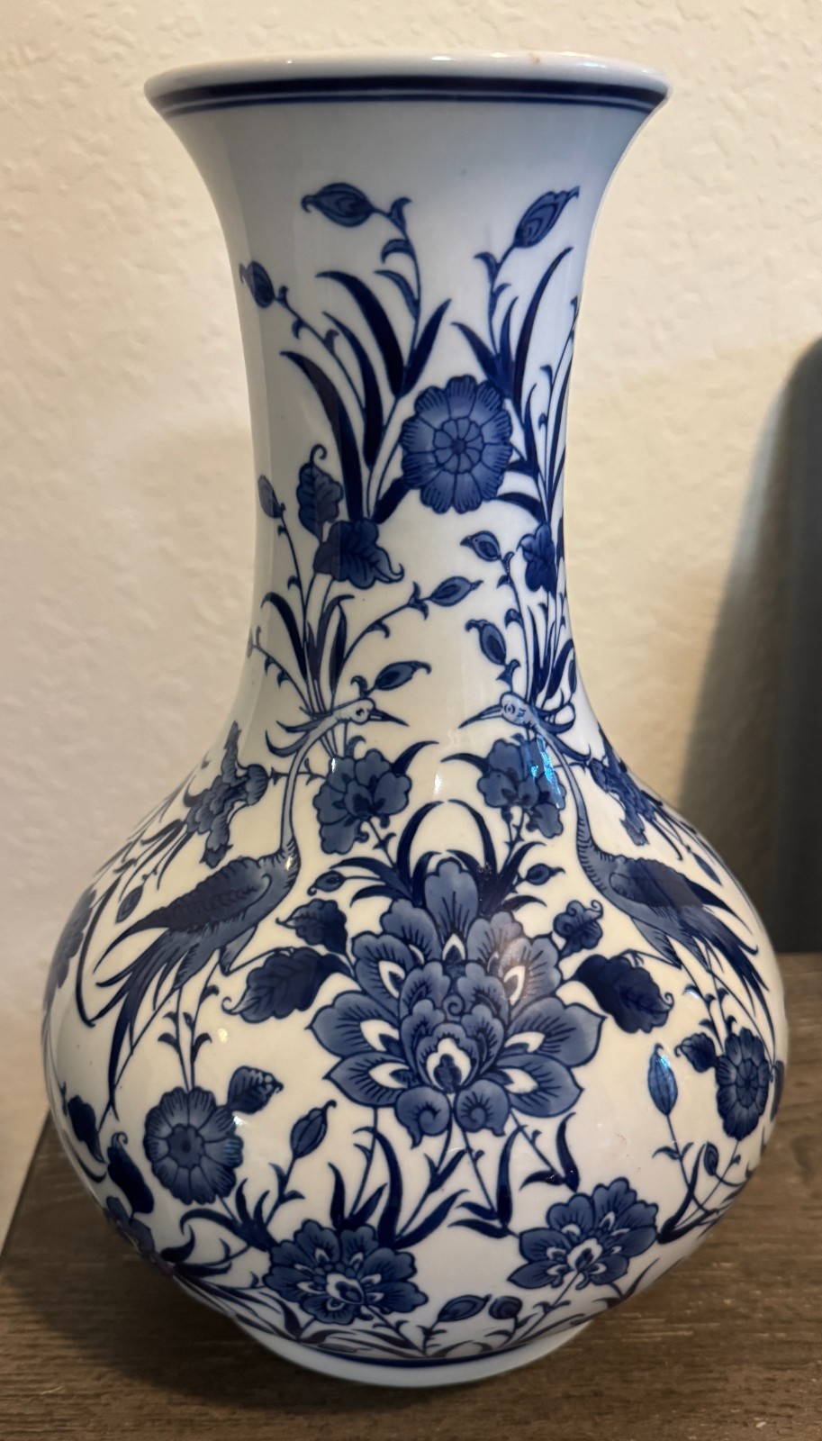  Vintage Bombay Chinoiserie Blue & White Porcelain Vase, Herons & Flowers 12.5\
