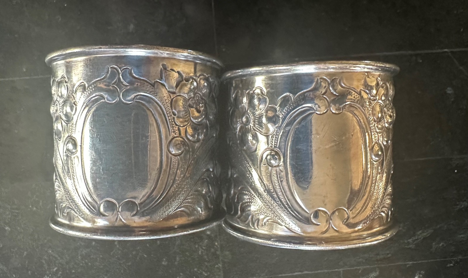 Vintage Ornate Silver Tone Napkin Rings Embossed Floral Scrolls Blank Cartouche