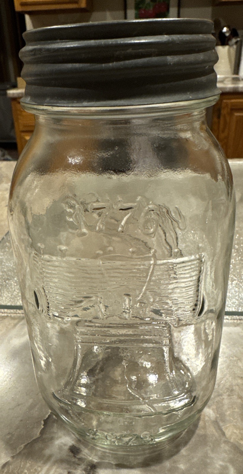Vintage 1976 Anchor Hocking BiCentennial Liberty Bell Mason Zinc Porcelain Lid