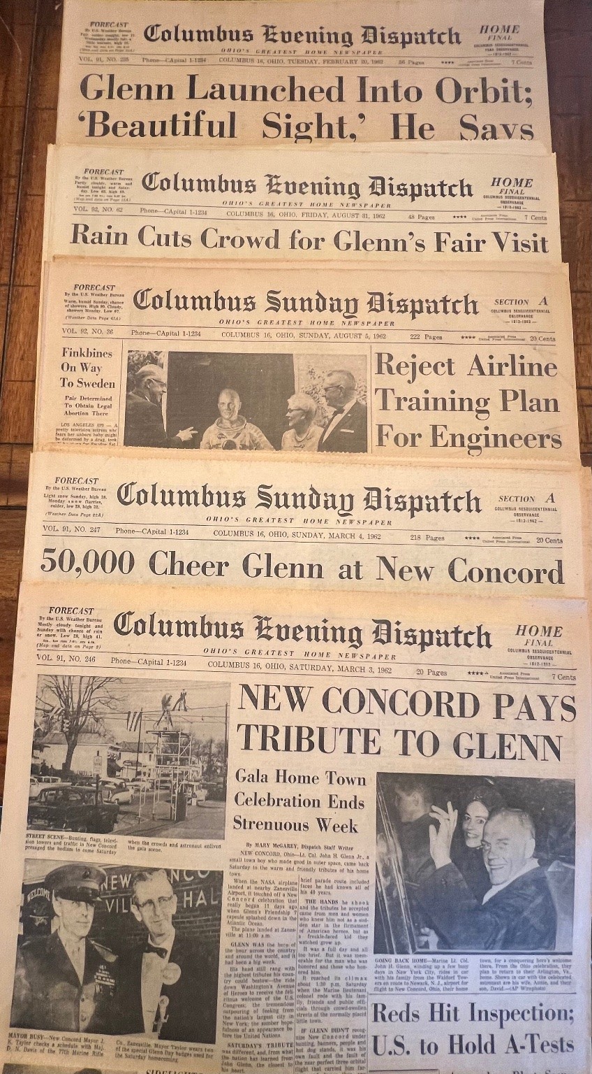 Vtg 1962 John Glenn Space Flight Orbit Tribute Columbus Dispatch Newspapers Lot