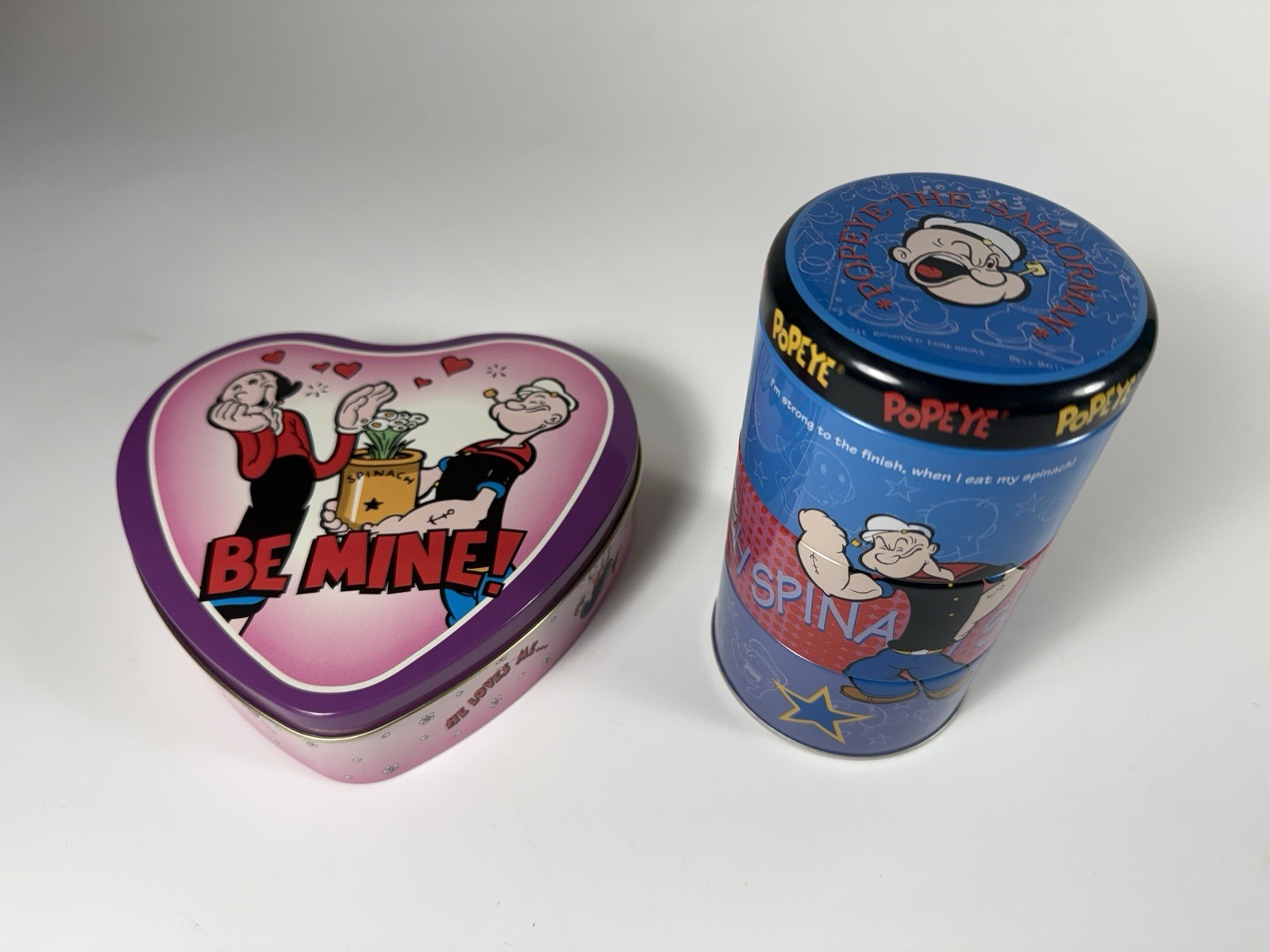 Vintage Popeye Tin Set of 2 Tall Multi-Piece Canister & 1997 Be Mine Heart Tin