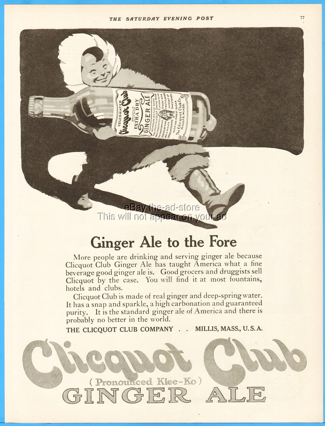 1917 Clicquot Club Co Millis MA Ginger Ale to the Fore Vintage Magazine Print Ad