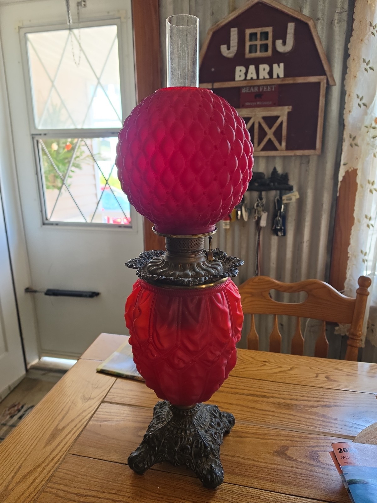 Antique GWTW LAMP Pittsburgh Red Satin Grapes Banquet Kerosene ALL ORIGINAL
