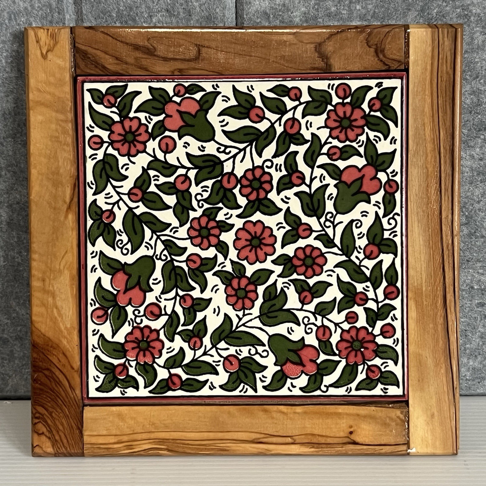 Vintage Tile Trivet Ceramic Floral Olive Wood Frame 8”