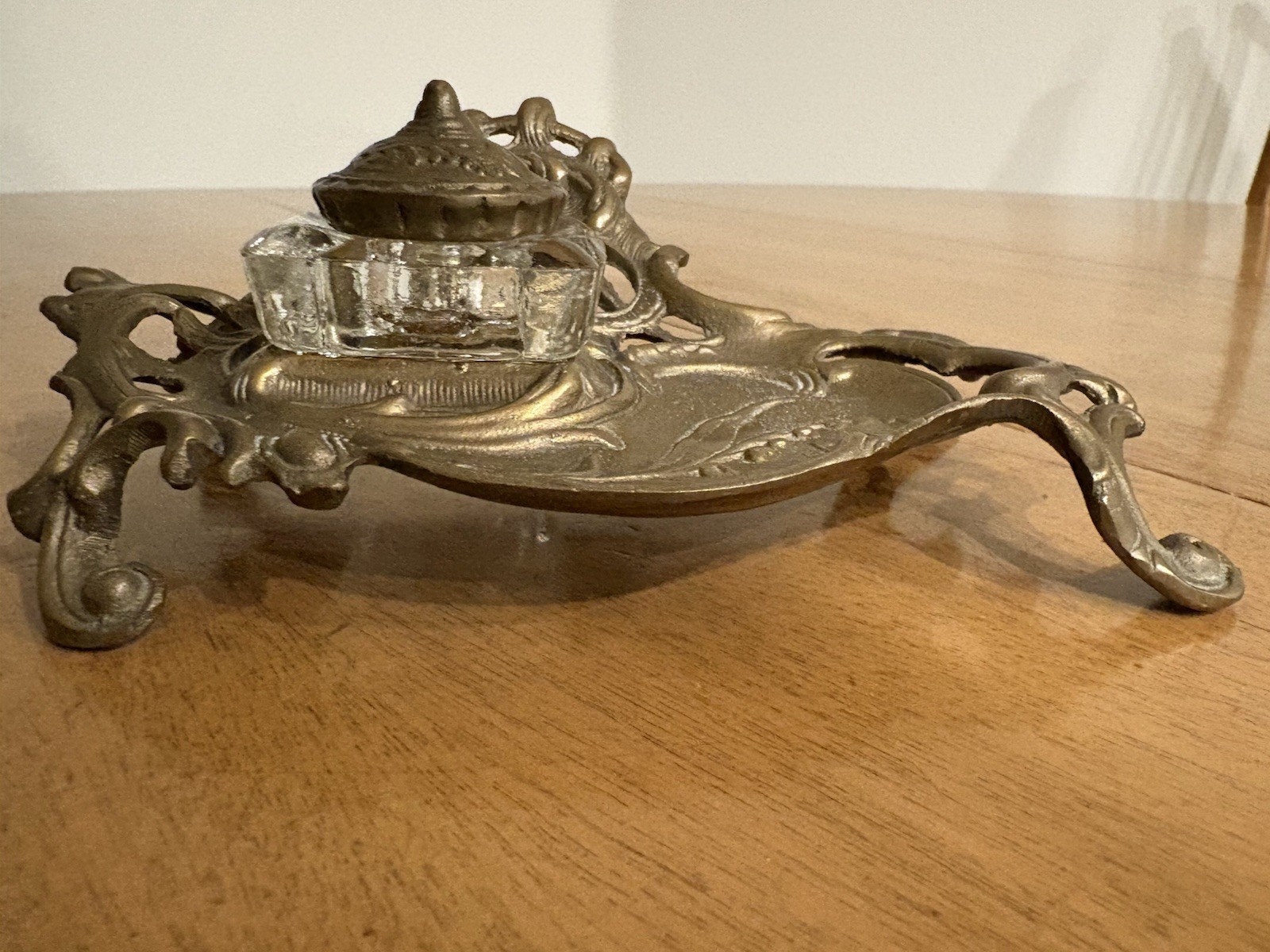 Vintage Art Nouveau 3-Piece Cast Brass Stand & Glass Inkwell Pot Desk Set