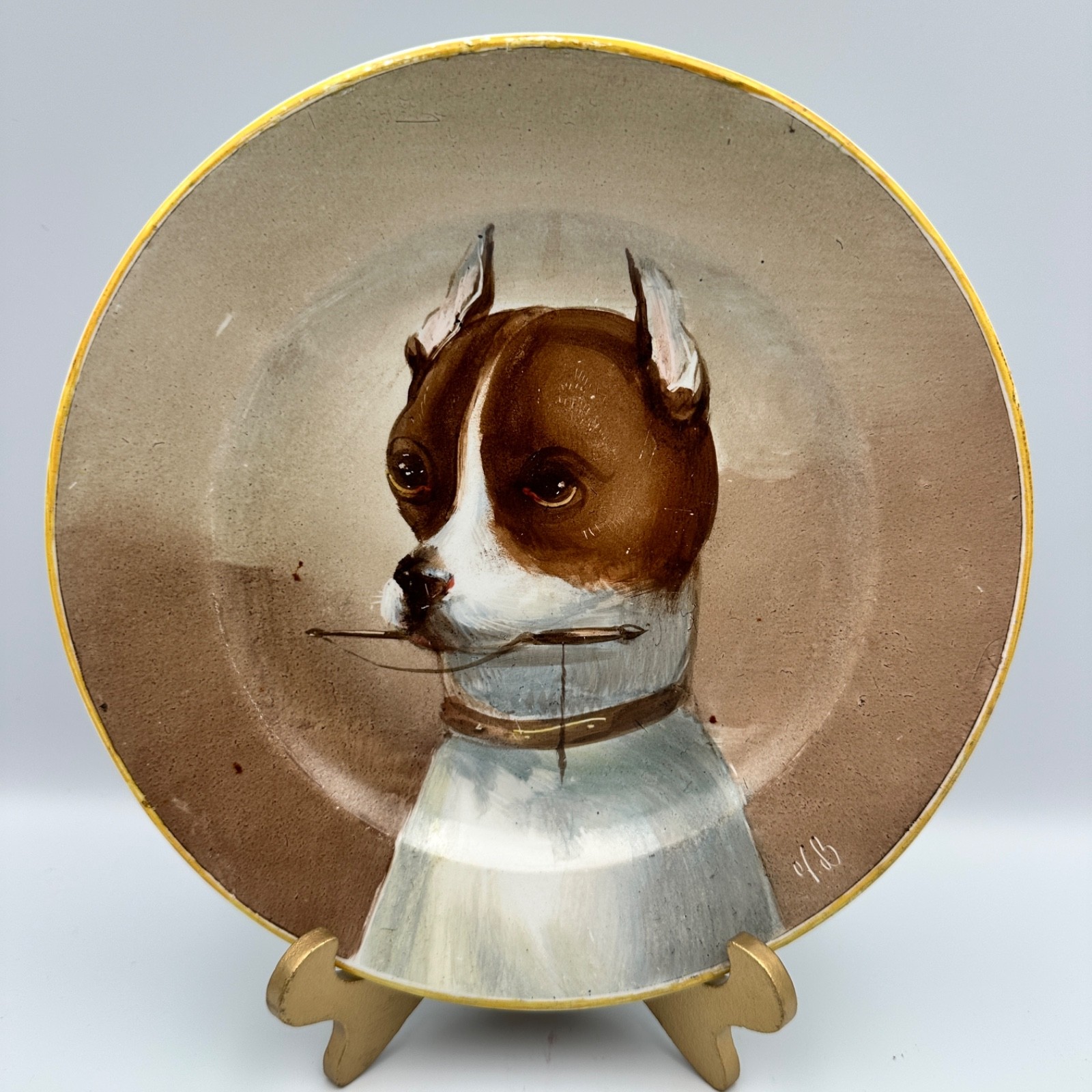 Antique Creil Montereau Terre de Fer Hand Painted Dog Plate France 19th C (3)