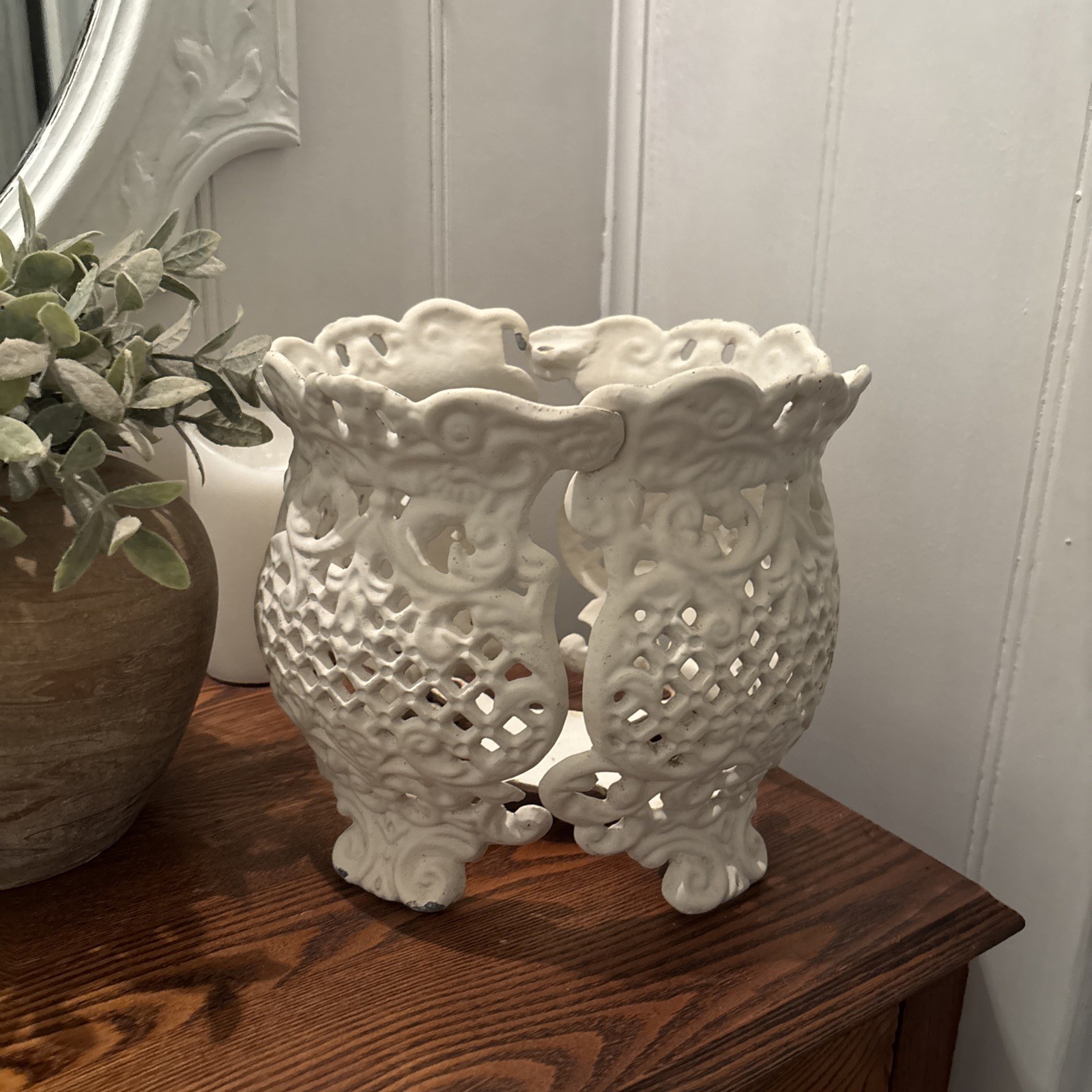 Vintage Cast Iron Footed Lattice Planter White Approx 9x9 Inches