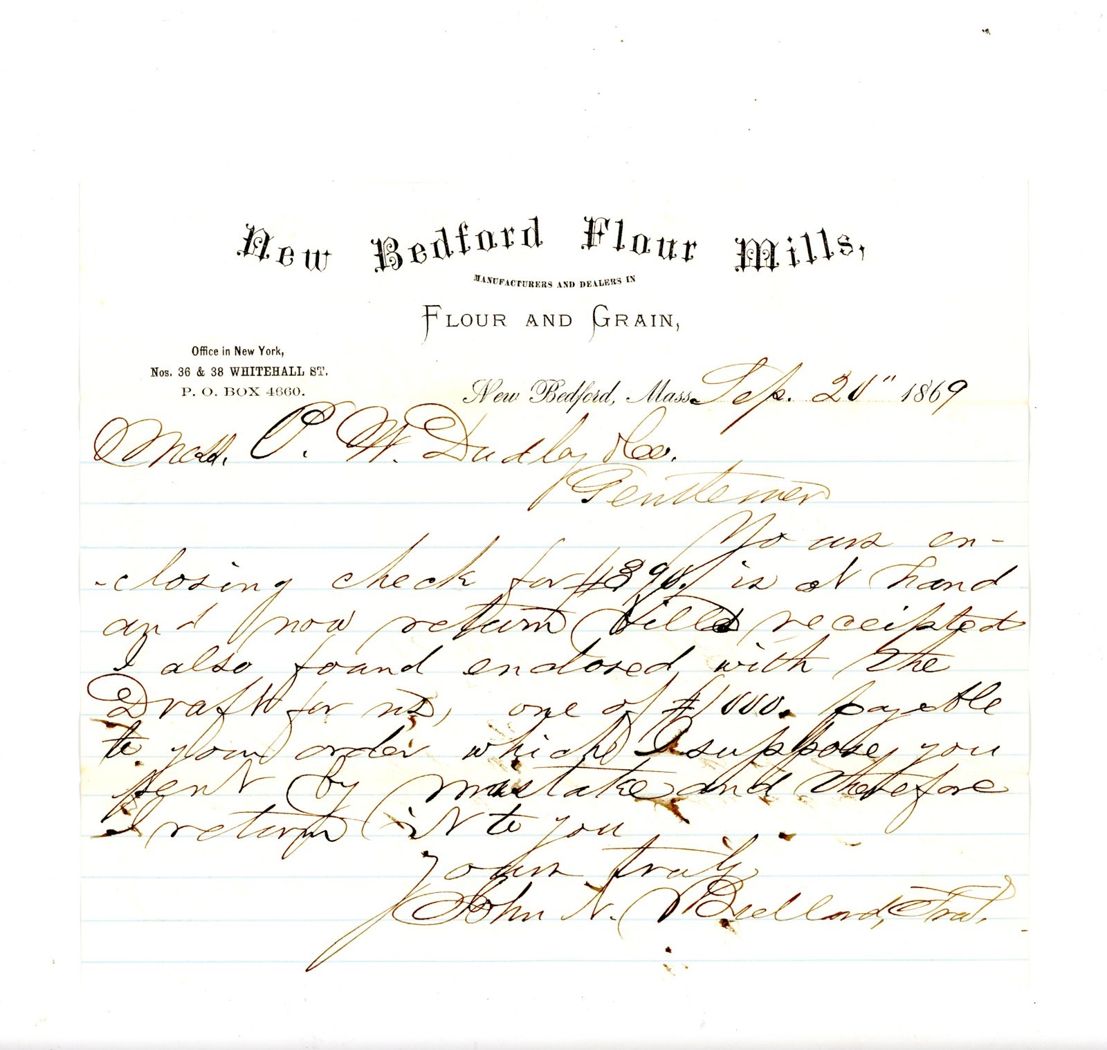 1869 Letter New Bedford Flour Mills Signed John N Dulland Regarding Payment Mass