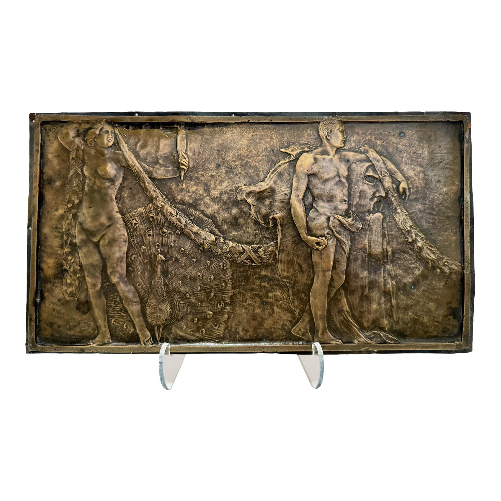 Vintage Art Nouveau Style Bronze Relief Plaque Nude Figures With Peacock Vintage Art Nouveau Style Bronze Relief Plaque Nude Figures With Peacock