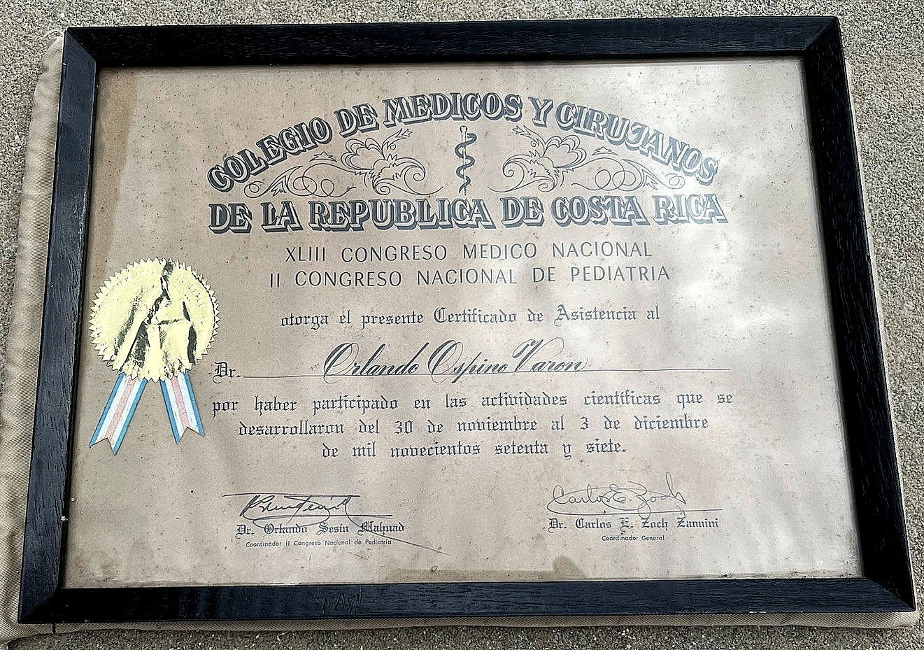 Vintage Framed Costa Rica Pediatric Doctor MEDICAL MD DIPLOMA 1977 Signed Sealed