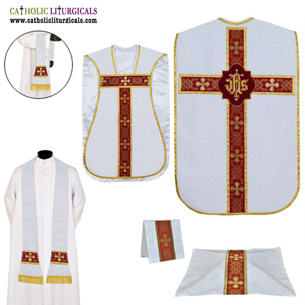 NEW White Roman Fiddleback Chasuble, Fiddleback Vestment 5pcs Mass Set, Casulla NEW White Roman Fiddleback Chasuble, Fiddleback Vestment 5pcs Mass Set, Casulla