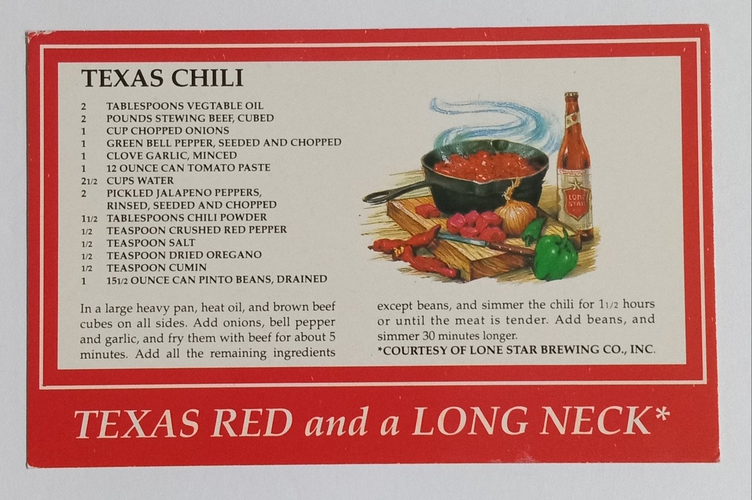 1976 Texas Chili Recipe Postcard - Lone Star Beer - Fort Worth TX Posted 1976 Texas Chili Recipe Postcard - Lone Star Beer - Fort Worth TX Posted