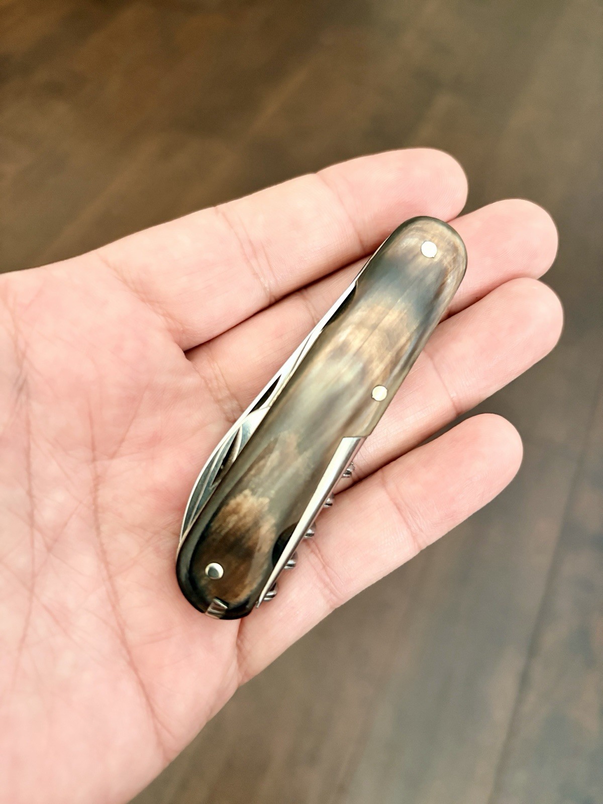 1940s Victorinox Armee Suisse Buffalo Horn 84mm Standard Knife w/ Exposed Rivets 1940s Victorinox Armee Suisse Buffalo Horn 84mm Standard Knife w/ Exposed Rivets