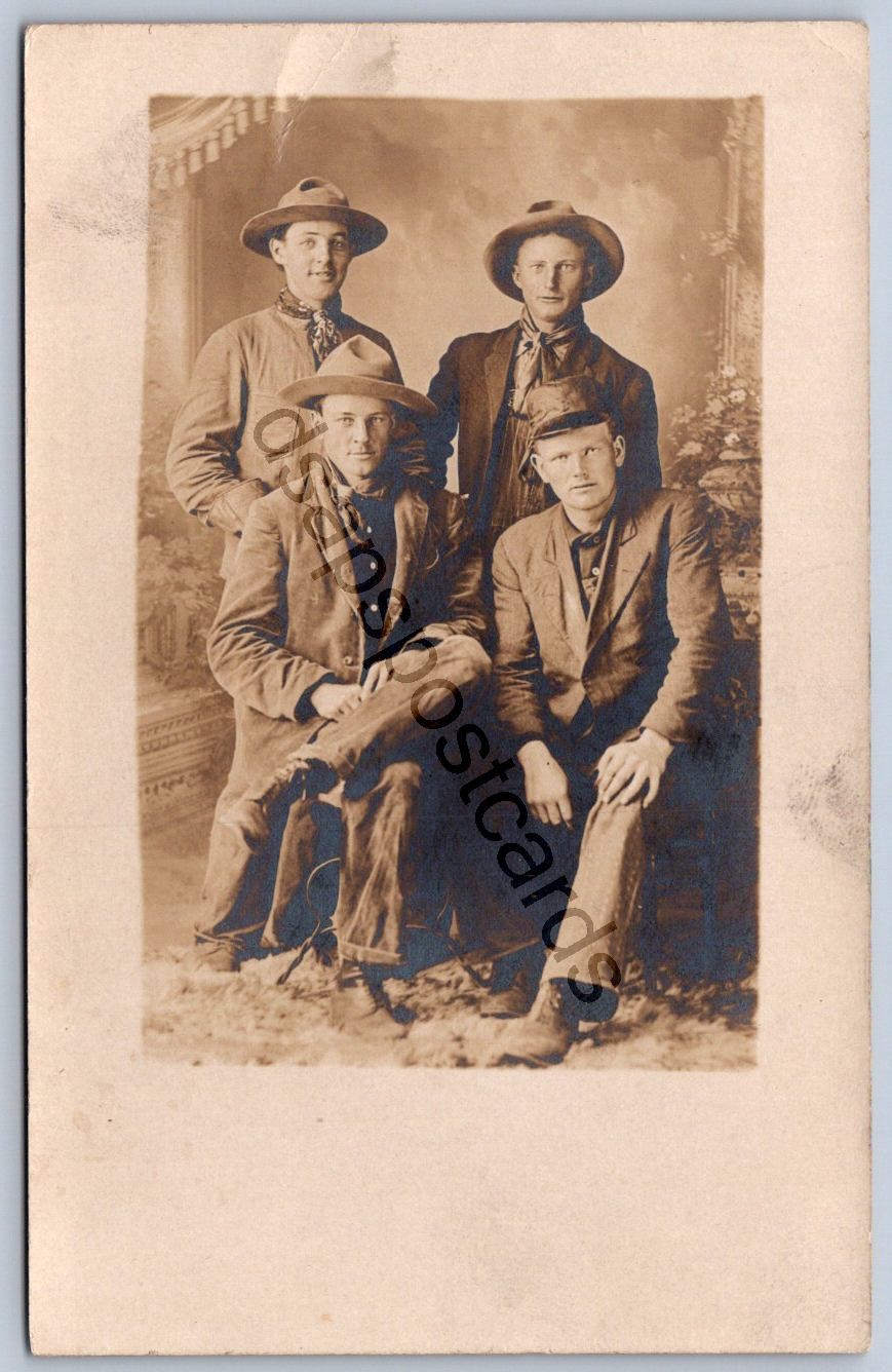 K53/ Interesting RPPC Postcard c1910 Cowboys Studio Hats Scarves 116