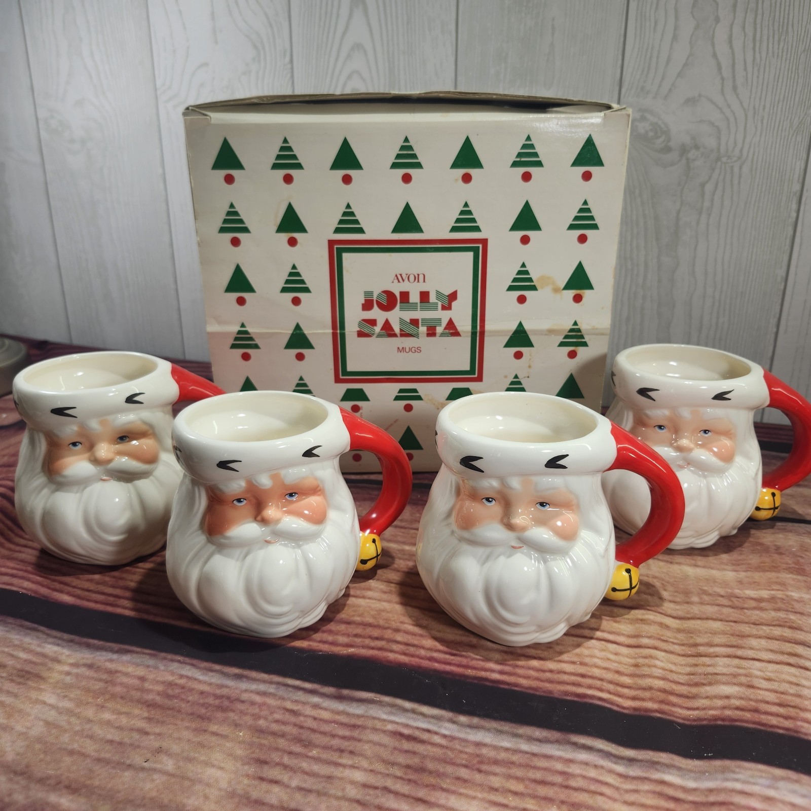 Vintage Jolly Santa Mugs Set Of 4 W/Box Ceramic Avon 1986 Vintage Jolly Santa Mugs Set Of 4 W/Box Ceramic Avon 1986